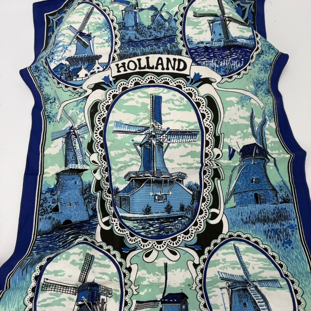 Vintage Holland Tea Towel Dutch Windmills Blue Green 100% Cotton Souvenir